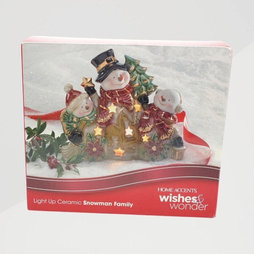 Home Accents Light Up Ceramic Snowman Family ~ Wishes & Wonder  10"‎